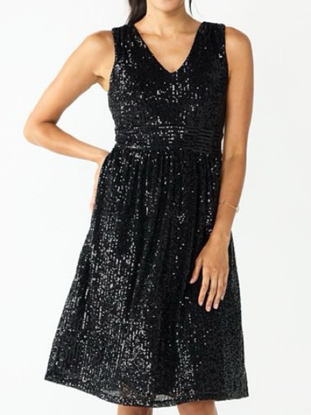 Draper James RSVP Glam Black Sequin V-Neck Midi A-line Cocktail Dress size 12